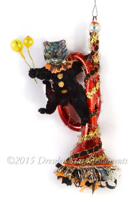 Halloween Cat with Balloons swinging from Orange Glass Horn