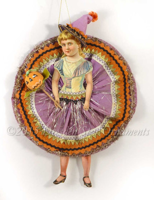 Halloween Circle-Skirt Girl in Party Costume with Pumpkin Pick