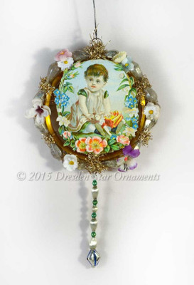 Child Surrounded by Silk Flowers and Antique Glass Beads Victorian Ornament