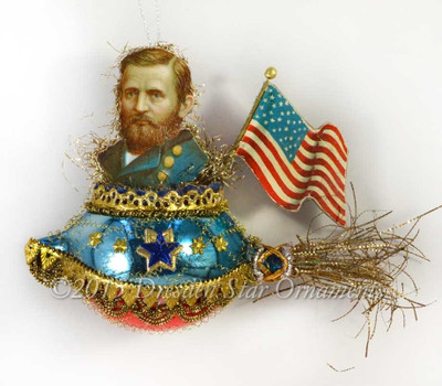 Dapper General Grant With Flag Riding Victorian Glass Rocket Ornament