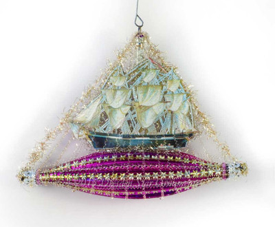 Victorian Ship on Sparkling Purple and Silver Ornament