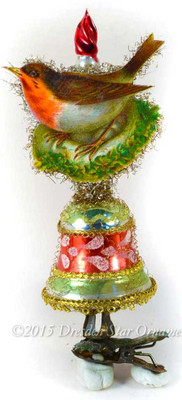 Red Robin on Mid-Century Glass Bell with Candle-Clip