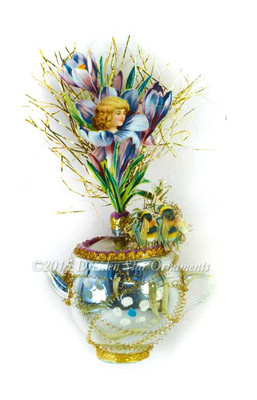 Victorian Crocus Maiden with Greeting Bumblebees on Silver Teapot