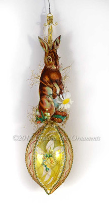 Brown Bunny with Daisy on Yellow Glass Egg Easter Ornament