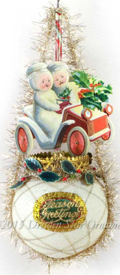 Reserved for Yuliya - Victorian Snowmen in Motorcar on Frosted Glass Sphere Ornament