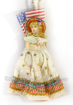 Victorian Patriotic Girl Ornament With Cotton Batting Skirt And Rare Antique Linen Flag