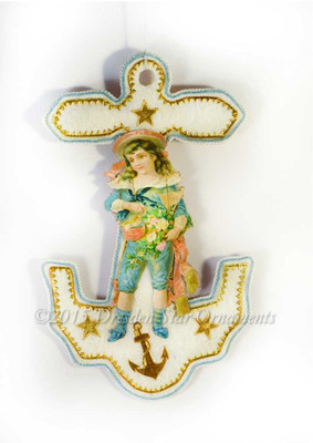 Blue Sailor Boy with Toy Boat on Cotton Batting Anchor