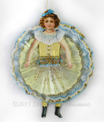 Reserved for Dennis- Girl in Yellow Doily Circle-Skirt with Blue Accents