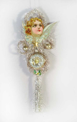 Reserved for Dennis – Ethereal Cherub on Silver Tinsel Ornament with Glass Antique Star