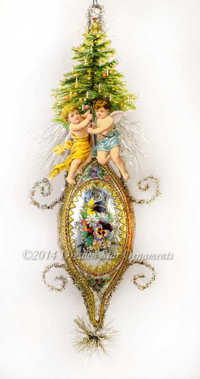 Reserved for Yuliya – Twin Christmas Angels on Antique Lute Ornament -  Dresden Star Ornaments