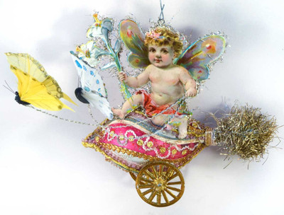 Reserved for Yuliya –Cherub Riding Glass Egg Chariot Pulled By Butterflies