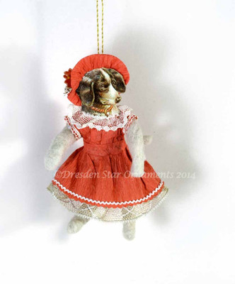 Dancing Cotton Dog in Soft Red Paper Dress and Bonnet
