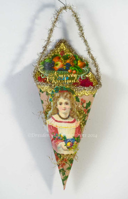 Maiden in Red Dress on Cornucopia Candy Container with Luscious Fruit Bowl 