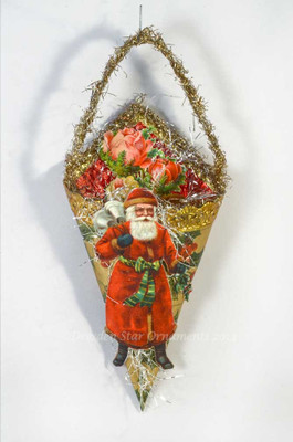 Santa Ringing Bells on Cornucopia Candy Container with Antique Holly Paper and Roses 