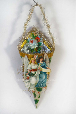 Christmas Angels on Cornucopia Candy Container with Cabbage Roses