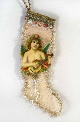 Angel Playing Lute and Roses on Large Pink Mesh Stocking Candy Container