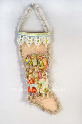 Large Santa with Children on Pastel Mesh Stocking with Amazing Antique Lacework