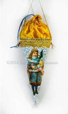 Silver Candy Container with Yellow-Gold Silk Pouch and Girl in Blue with Christmas Presents 