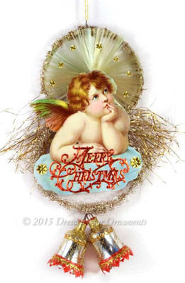 Large Rafael Tuck Cherub on Tinsel Ornament with Silver Bells and Spun-Glass 