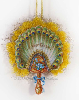 Beautiful Two-Sided Aesthetic Peacock Feather Fan with Gold Silk Fringe 