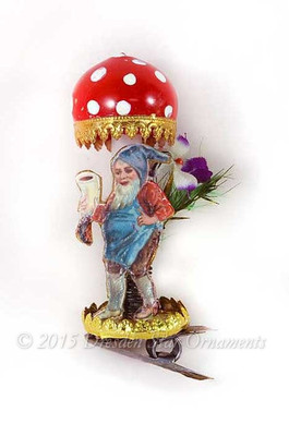 Reserved for Brenda – Glass Amanita Mushroom with Adorable Gnome  Clip-On Ornament