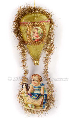 Baby with Puppy Riding Golden Hot Air Balloon with Victorian Bump Tinsel 