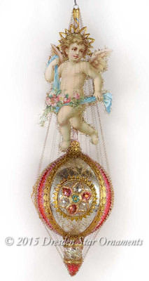 Angel with Cherry Blossoms on Gilded Antique Glass Ornament with 3 Cathedral Windows