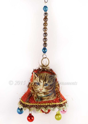 Tabby Cat on Early Chip-Tinsel Paper Bell and Miniature Glass Spheres 