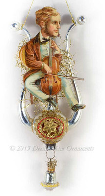 Reserved for Melissa – Victorian Man Playing Cello on Vintage Lyre Ornament 