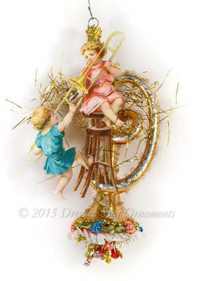 Reserved for Melissa – Fancy Glass Trombone Ornament with Victorian Children