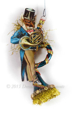 Reserved for Melissa – Dapper Tuba-Playing Fox with Vintage Glass Blue Horn Ornament 