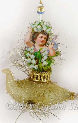 Victorian Girl with Lily-of-the-Valley Flowers Riding Antique Glass Swan