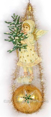 Victorian Snow Angel Holding Tree on Golden Sphere Ornament with Star