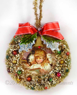 Mid Century Chip-Tinsel Wreath with Girl and Two Cats