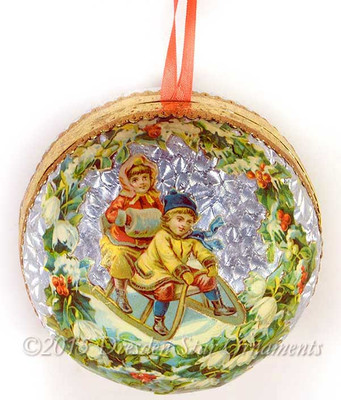 Victorian Children Sledding on Molded Paper Sphere Candy Container
