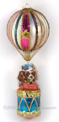 Reserved for Diana – Uniformed Cavalier King Charles Spaniel Riding on Magenta and Peach Striped Hot Air Balloon 