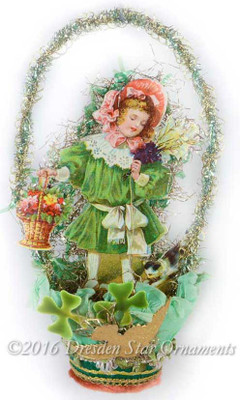 Reserved for Dominique – St. Patrick’s Day Themed Paper Basket with Victorian Girl, Flowers, Kitty, and Clovers