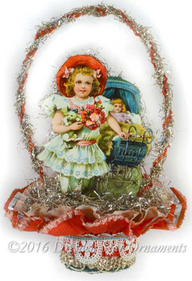 Reserved for Diana –Victorian Girl with Baby Carriage in Double-Ruffle Valentine Nut-Cup 