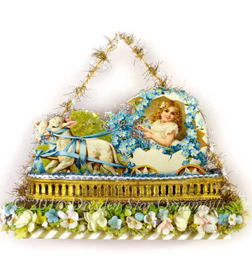 Reserved for Yuliya – Lambs pulling Victorian Girl in Egg Carriage in Easter Candy Container