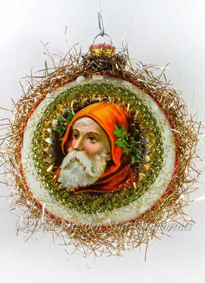 Santa with Red-Orange Hood in White and Silver Indent Ornament 