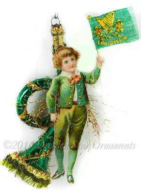 Reserved for Brenda – Boy with Irish Flag on Green Horn St. Patrick’s Day Ornament 