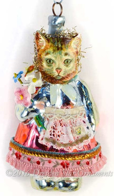 Reserved for Cynthia – Girl Pussy-Cat Holding Flowers on Figural Glass Body with Apron 