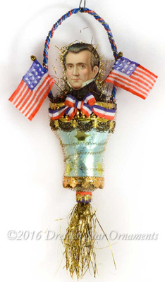 President Polk on Ornately Decorated Glass Bell Ornament with Silk Flags