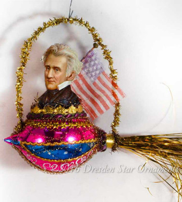 President Jackson Riding Glass “Rocket” Ornament with Antique Silk Flag 