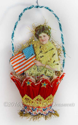 Patriotic Edwardian Girl in Fancy Paper Basket Ornament