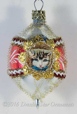 Oval Red and Silver Two Sided Ornament with Two Kitties