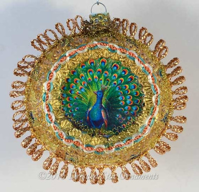Peacock in Ornately Decorated Gold Indent with Multi-colored Silk Ribbon 