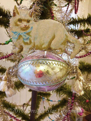 White Kitty on Pastel Oval Glass Ornament with Silk Tassels