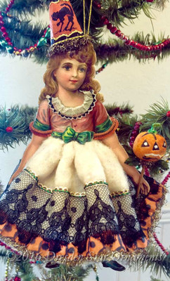 Reserved for Melissa – Victorian Girl in Cotton Halloween Costume with Antique Paper and Pumpkin