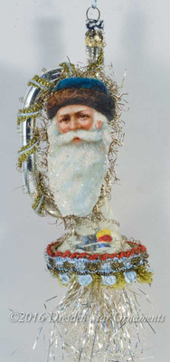 Santa in Fur Blue Cap on Silver Horn with Soft Blue and Gold Trims